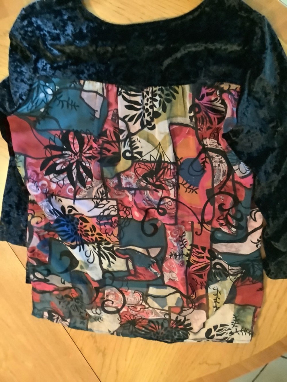 Adore Black Crushed Velvet Front High-Low Top w/colorful sheer back